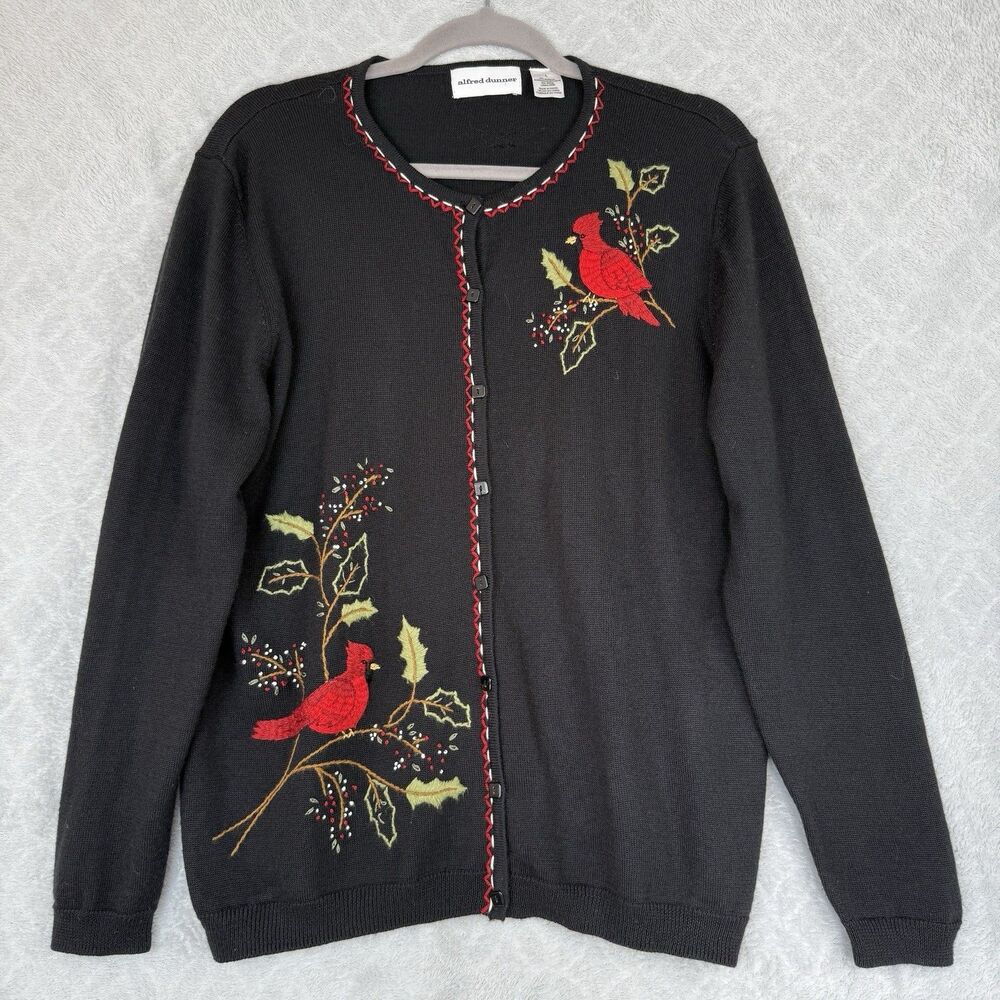 Wool Blend Cardigan Sweater Women Large Holiday Cardinal Bird Embroidered Winter